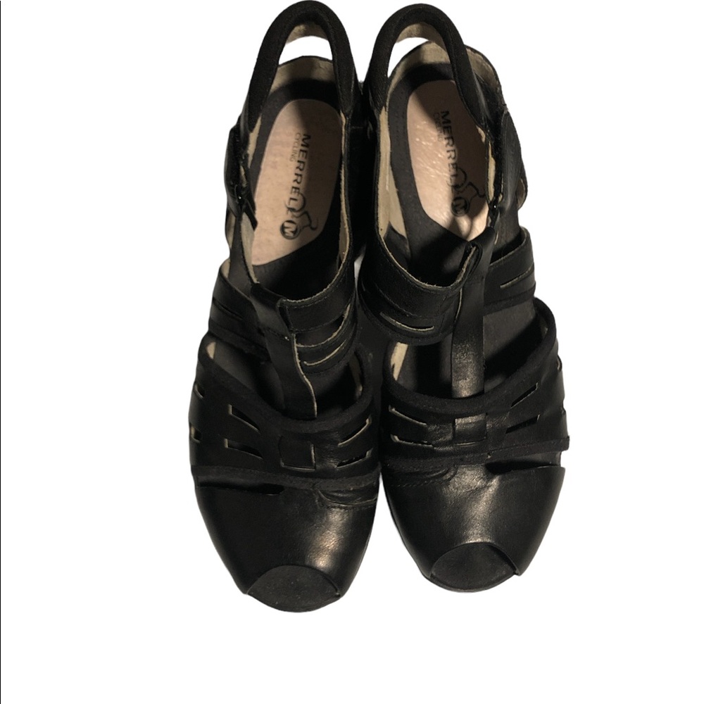 Merrell Womens US 7 Heels Evera Band Black Leather Cutouts Peep Toe Shoes